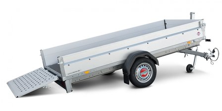 Deze kantelbare bakwagen is multifunctioneel, afmeting 301x128cm met as van 750kg 